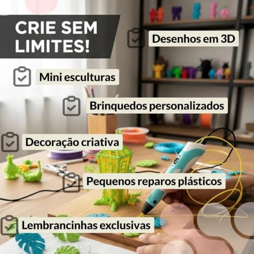 Caneta 3D com LCD, Inclui Filamentos Coloridos, Brinquedo Educativo | para Desenho e Criação Artística Para Adultos e Crianças, Cabo USB incluso - Produto Premium