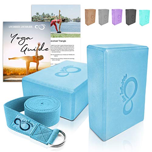 Premium Yoga Blocks & Metal D Ring Strap Yogi Set (3PC) 2 High Density EVA Foam Blocks to Support & Deepen Poses, Improve Strength & Flexibility- Lightweight, Odor & Moisture Resistant (Teal)