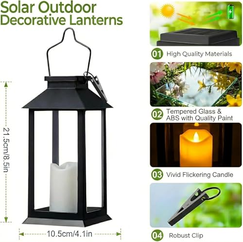 Yowin Solar Lanterns for Outside 2 Pack 22cm Tempered Glass Hanging Solar Lights Outdoor Garden with Flickering Candle, Waterproof Outdoor Lanterns for Patio Pathway Balcony Mother Gift Decorations