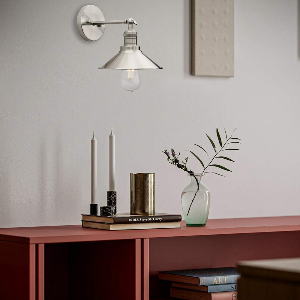 Phansthy Vintage Industrial Metal Wall Lights Shade Indoor Retro Wall Sconce Lighting Wall Lamp Fixture for Vanity Living Room Bedroom Bathroom (Brushed)