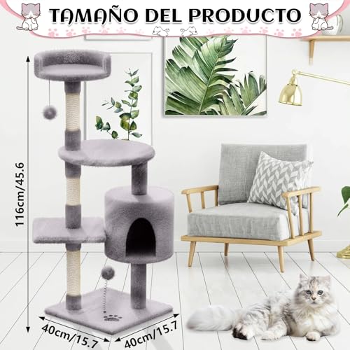 KongJies Torre para Gatos, Árbol para Gatos con Poste Rascador, 4 Niveles Castillo para Gato con 3 Plataforma Acolchada y Pompón, para Gatos Pequeños Medios (Gris Claro)