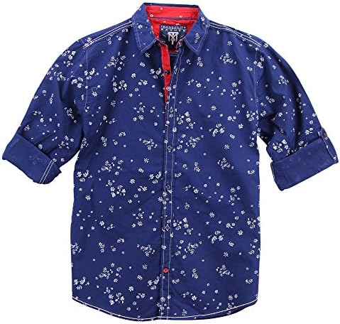 Men's Skull &amp; Floral Print Button Down Shirt (Navy/White, Small)