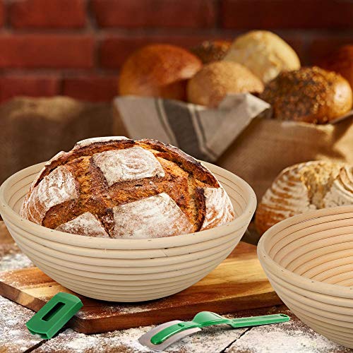 LotFancy Banneton Proofing Basket Set of 2, 9 Inch Round Proofing Bowls for Sourdough Bread, Incudes Linen Liner Cloth, Dough Scraper, Bread Lame, Brush, Instructions Book, Non-Stick
