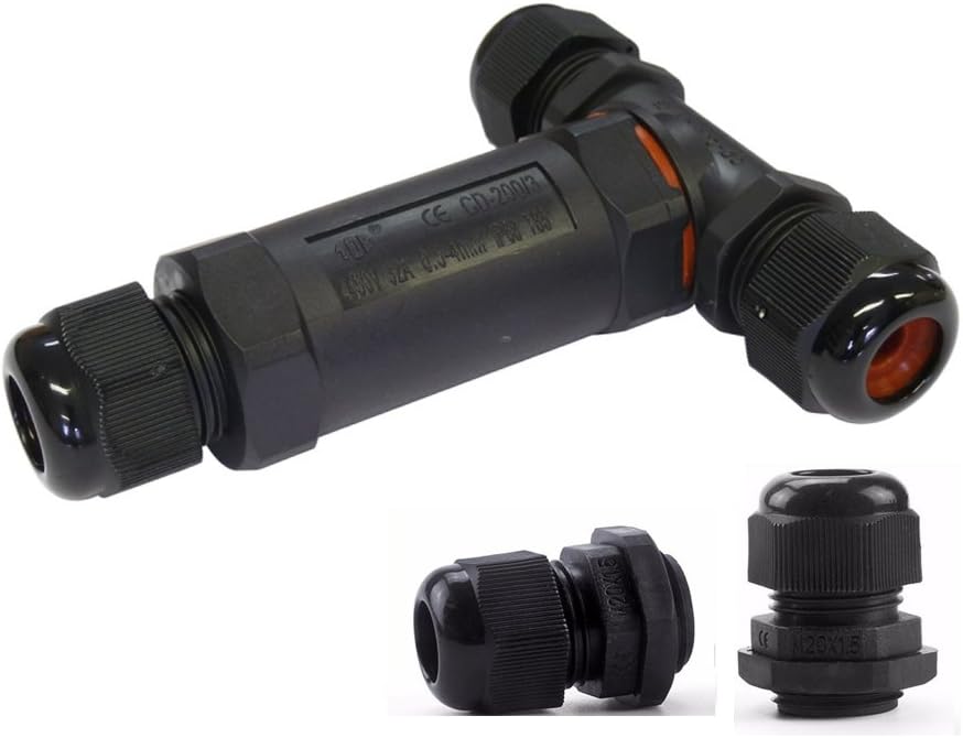 JMKMGL IP68 Waterproof T Junction 3 Pole Plug with 2PCS Cable Connectors Glands, Socket Connector 24A 450Vac(1 set)