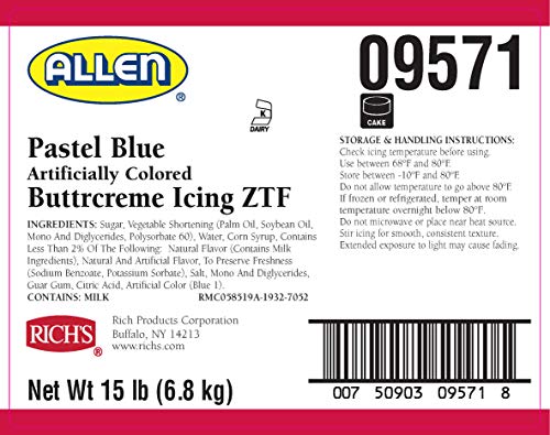 Rich's JW Allen Pre-Whipped Buttrcreme Icing ZTF, Pastel Blue, 15 lb