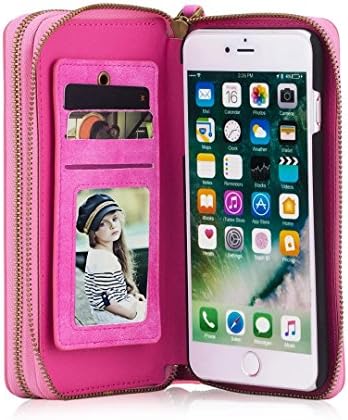 Zmiq iphone 7 plus Wallet Multi Card Holder, ID Slot, Card Slots, Zipper, Hand Grip Folio PU Leather Cover With Detachable Magnetic Hard Case For iphone 7 plus（5.5inch） (7plus STQB Rose Red)