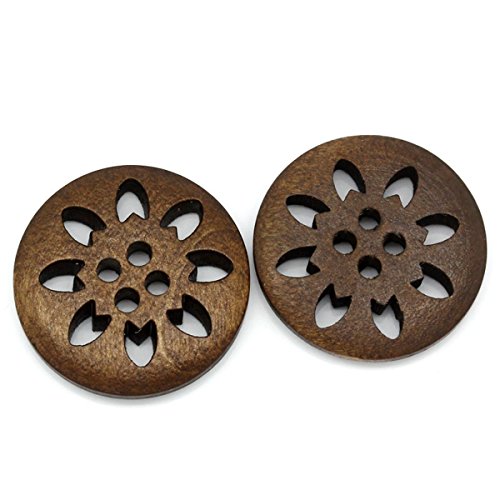 HOUSWEETY 50PCs Wood Buttons Sewing Snowflake Carved 4 Holes Brown 25mm Dia.(1")