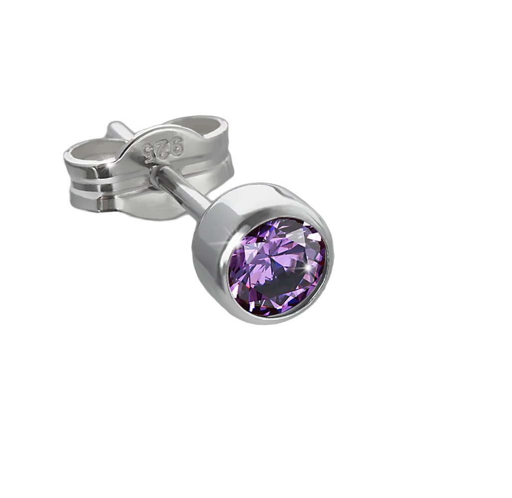 NKlaus single stud earrings 925 silver rhodium plated 4,50mm amethyst cubic zirconia 6689