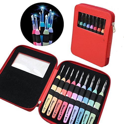 Lighted Crochet Hooks Set With Case Light Up Knitting Needles - Ergonomic Needles for Arthritic Hands - Set of 9 Pcs (Red)