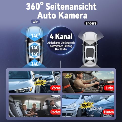 360° Dash Cam Car Front Rear 4 Channel Dash Cam Car Camera FHD 4K + 1080Px3, Free 64GB SD Card, WDR Night Vision (8 IR LEDs), G-Sensor, 4 x 140° Wide Angle, 3 Inch IPS Display, 24/7 Parking Mode, Loop