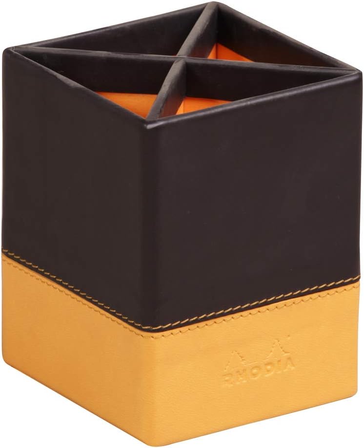 RHODIA 118816C, Black Pencil Holder, 8x8x11 cm, Orange Saddle Stitching, Faux Leather Exterior