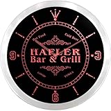 ncu18384-r HAFLER Family Name Bar & Grill Cold Beer Neon Sign LED Wall Clock