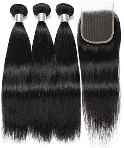 Brazilian Straight Hair With Closure 3 Bundles Unprocessed Virgin Human Hair Bundles With Lace Closure Free Part Hair Extensions Natural Color (14 16 18+12"closure)