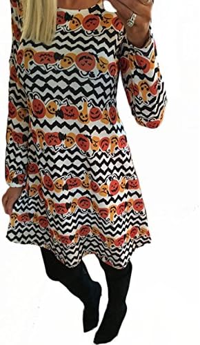 Women's Halloween Pumpkin Spider Skeleton Print Pullover Swing A-Line Dress