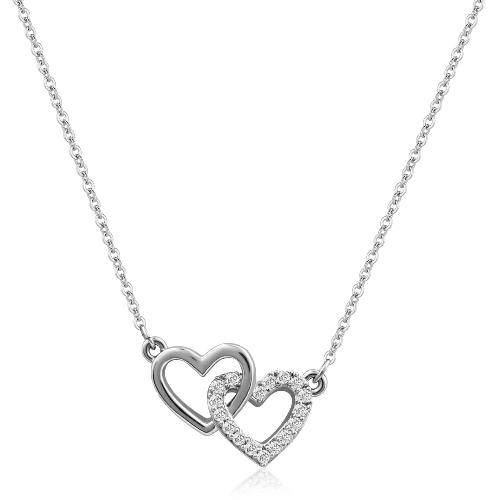 Photo 1 of Tiny Double Heart Necklace Small Sterling Silver Cubic Zirconia Cute Dainty Love Pendant Heart Necklace for Women