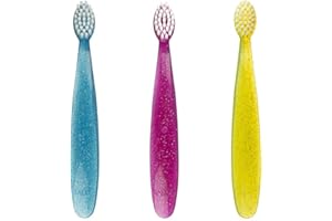 RADIUS Children's Toothbrush, Totz Brush, Extra Soft Bristles, Blue/Coral/Yellow, BPA Free & ADA Accepted, Designed for Delicate Teeth & Gums for Children 18 Months & Up, Pack of 3