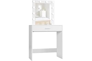 Reettic Makeup Vanity Table with Lighted Mirror, Vanity Desk with Drawers, Bedroom Dressing Table, 10 LED Blubs & Adjustable Brightness, for Women, Mother, Girls, White RSZT102W