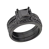 FlameReflection Black Stainless Steel Women Wedding Engagement Ring Set Halo Black Princess CZ Size 5-10 SPJ