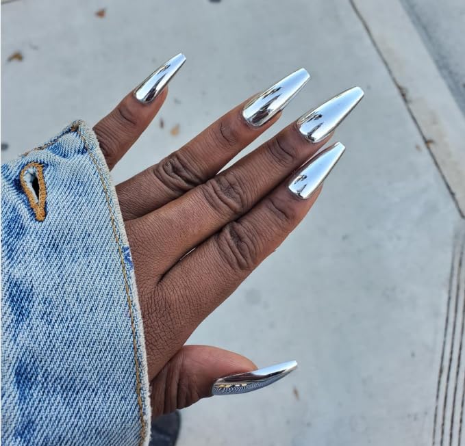 iMABC Silver Punk Metallic Press On False Nails Long Coffin Ballerina Chrome Mirror Fake Nails Full Cover Acrylic Nail Tips with Glue Tape For Women And Girls