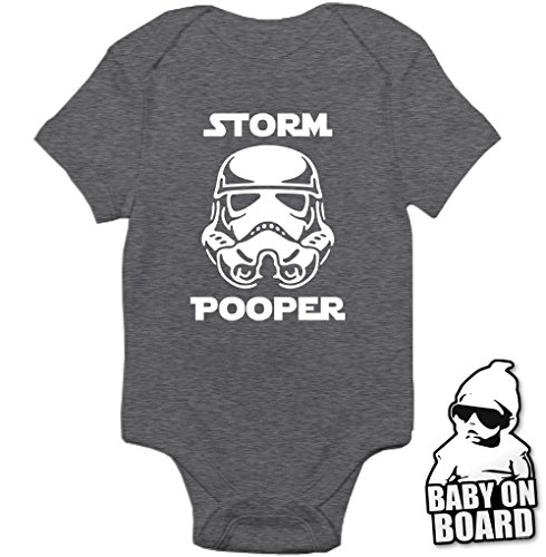 Daft Baby ~ Funny Storm Pooper Onesie Bodysuit & Baby on Board Sticker Charcoal Heather (12-Months)