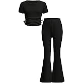 SweatyRocks Girl's 2 Piece Outfits Short Sleeve Ruched Crop Top and Flare Leg Pants Sets