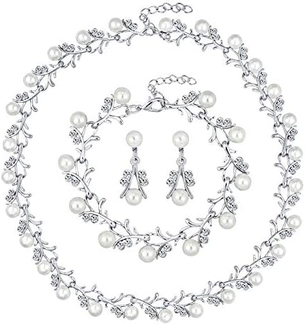 Women's Earrings Muzhili3, Women Bride Faux Pearl Rhinestone Necklace Stud Earrings Bracelet Jewelry Set - Silver