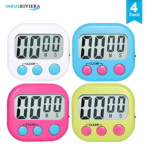 IndusRiviera 4 Pack Compact Digital Kitchen Timer – Magnetic Back, Retractable Stand & Hook, Large LCD Display, Stopwatch & Countdown, Loud Alarm – Best for Cooking, Baking, Sports, School (4 Colors)