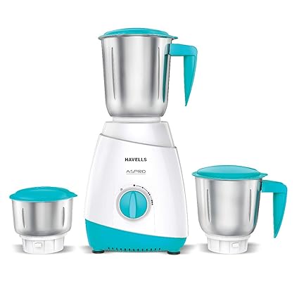 Havells ASPRO 500 Watt Mixer Grinder with 3 Stainless Steel Jar (White & Light Blue) with 5 Year Motor Warranty
