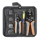 IWISS Crimping Tool Kits with Wire Stripper and Cable Cutters Suitable for Non-Insulated & Insulated Cable End-Sleeves Terminals or Ferrules with 5 Changeable Die Sets in Oxford Bag