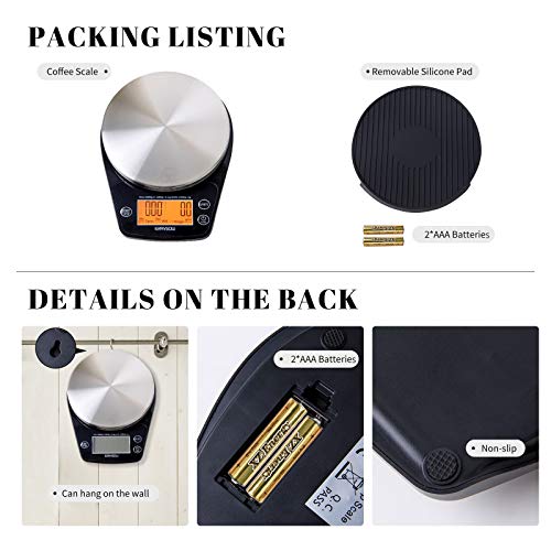 ERAVSOW Coffee Scale with Timer, Digital Hand Drip Coffee Scales,Stainless Steel Kitchen Food Weight Scale with Precision Sensors LCD Display & Hanger Hole 6.6lb/3kg (Batteries Include)