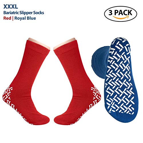 Pack of 3 Pairs - XXXL Non-Skid Bariatric Extra Wide Slipper Socks for People with Diabetes/Edema (2 Pairs of Red 1 Pair of Blue)