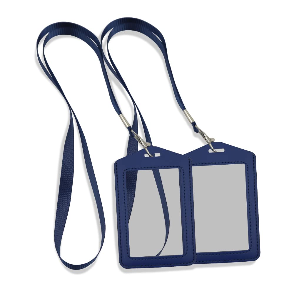 Modixun 2Pcs Leather ID Badge Holder, Vertical Leather Business Badge Card Holder with Double Clear ID Window, 2 Detachable Neck Lanyard Straps, Blue