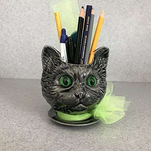 Handmade Cat Ceramic Succulent herb pot Black Cat Doll head planter on saucer with drain holes Green Plastic Eyes Handcrafted gift #030118