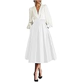 Caodip Satin Tea Length Prom Dresses for Women Long Sleeves Elegant Evening Gown A Line Wedding Guest Dress with Pockte