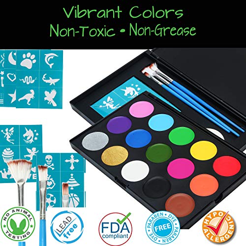 Non-Grease Face Painting Kit 15 Colors with 2 Metallic Gold and Silver, 3 Brushes, 30 Stencils, 2 Sponges - Professional Face Paint for Sensitive Skin, Halloween Makeup, Facepaints Party, Kids Safe