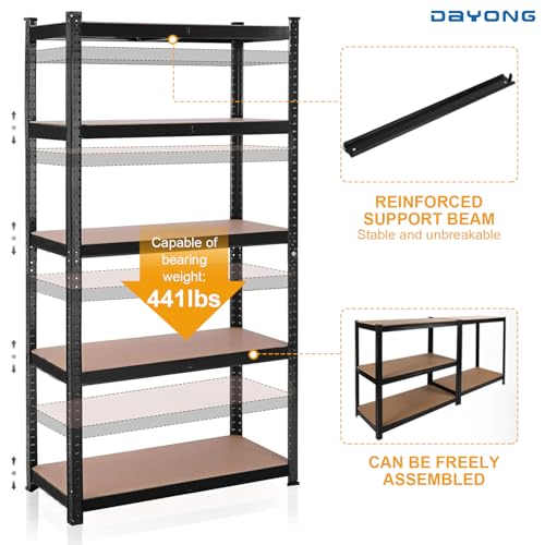 DAYONG 5 Tier Metal Storage Rack, Shelving Units, Storage Shelves, Shelf Storage Organizer for Kitchen, Living room, Bedroom, Office, Balcony (Black)