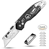 Folding Utility Pocket Knife - Heavy Duty Box Cutter Knives with 6 Replaceable SK5 Blades, Quick-Change and Lock-Back Design, Belt Clip and Anti-Slip Handle