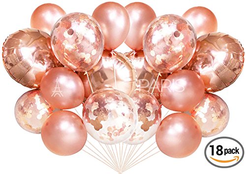 Rose Gold Confetti Balloons | 18 Pack 4 Large Foil balloons, 6 Rose Gold Confetti Pre filled, 8 Solid light Rose gold balloons | Elegant Latex Party Balloons for Weddings, Birthdays, Bridal Showers, B