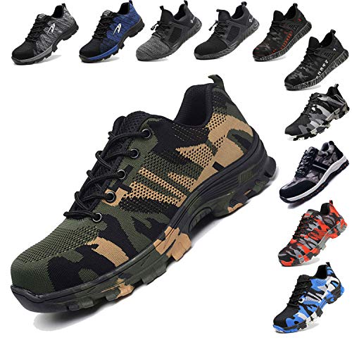 JACKSHIBO Steel Toe Work Shoes for Men Women Safety Shoes Breathable Industrial Construction Shoes Camouflage Green 14.5 M Women/13 M Men