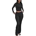 ZFLM Casual Workout Two Piece Outfits Long Sleeve High Waist Fold-over Flare Flared Leggings Pants Tracksuit Sets Streetwear