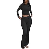 ZFLM Casual Workout Two Piece Outfits Long Sleeve High Waist Fold-Over Flared Leggings Pants Tracksuit Sets Streetwear