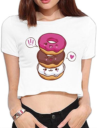 Coleiry Three Cute Kawaii Donuts Women Bare Midriff Crop Top T-Shirt White S