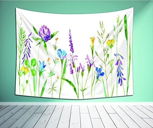 Avamam Tapestry Wall Art Floral Border Of A Wild Flowers And Herbs On A White Background Buttercup Clover Bluebell Vetch-S Wall Hanging For Bedroom Living Room Dorm Size-86"Wx56"H
