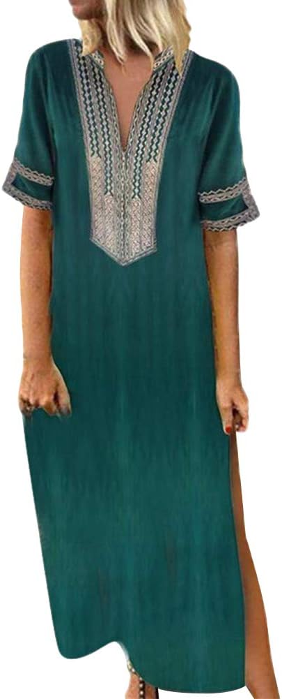 YIDAINLINE Women Kaftan Cotton Long Sleeve Plain Oversized Maxi Shirt Dress Plus Casual Dress