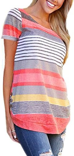 YOUCOO Women Fashion Tops Short Sleeve Long Casual Striped T Shirt Tops Dress,Short Orange,Large