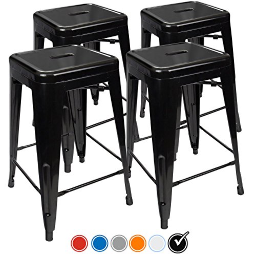 24 Counter Height Bar Stools,! (BLACK) by UrbanMod, [Set Of 4] Stackable, Indoor/Outdoor, Kitchen Bar Stools,! 330LB Limit, Metal Bar Stools! Industrial, Galvanized Steel, Counter Stools!