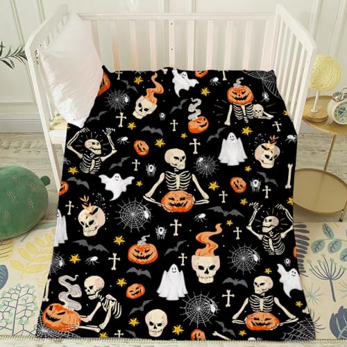 Hojizaio Halloween Blanket Black Ghost Spooky Spider Fall Blanket for Children Women Men Candy Skull Pumpkin Bat Webs Halloween Blanket Decorations for Couch，Bed，Living Room 30