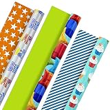 Hallmark Reversible Birthday Wrapping Paper, Celebrate (Pack of 3, 120 sq. ft. ttl.) Balloons, Cupcakes, Stars, Stripes, Solid Red