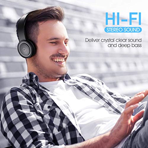 Bluetooth Headphones Over Ear, pollini Wireless Headset V5.0 with Deep Bass, Soft Memory-Protein Earmuffs and Built-in Mic for iPhone/Android Cell Phone/PC/TV(Black)