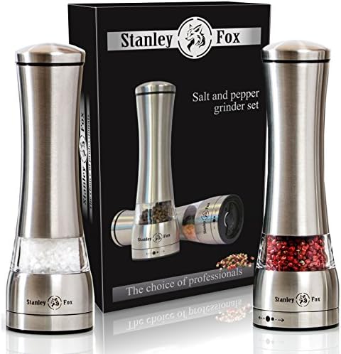 Premium Stainless Steel Salt and Pepper Grinder Set - Tall Salt and Pepper Shakers with Adjustable Coarseness - Brushed Stainless Steel salt and pepper set- Salt Grinders and Pepper Mill Shaker Mills